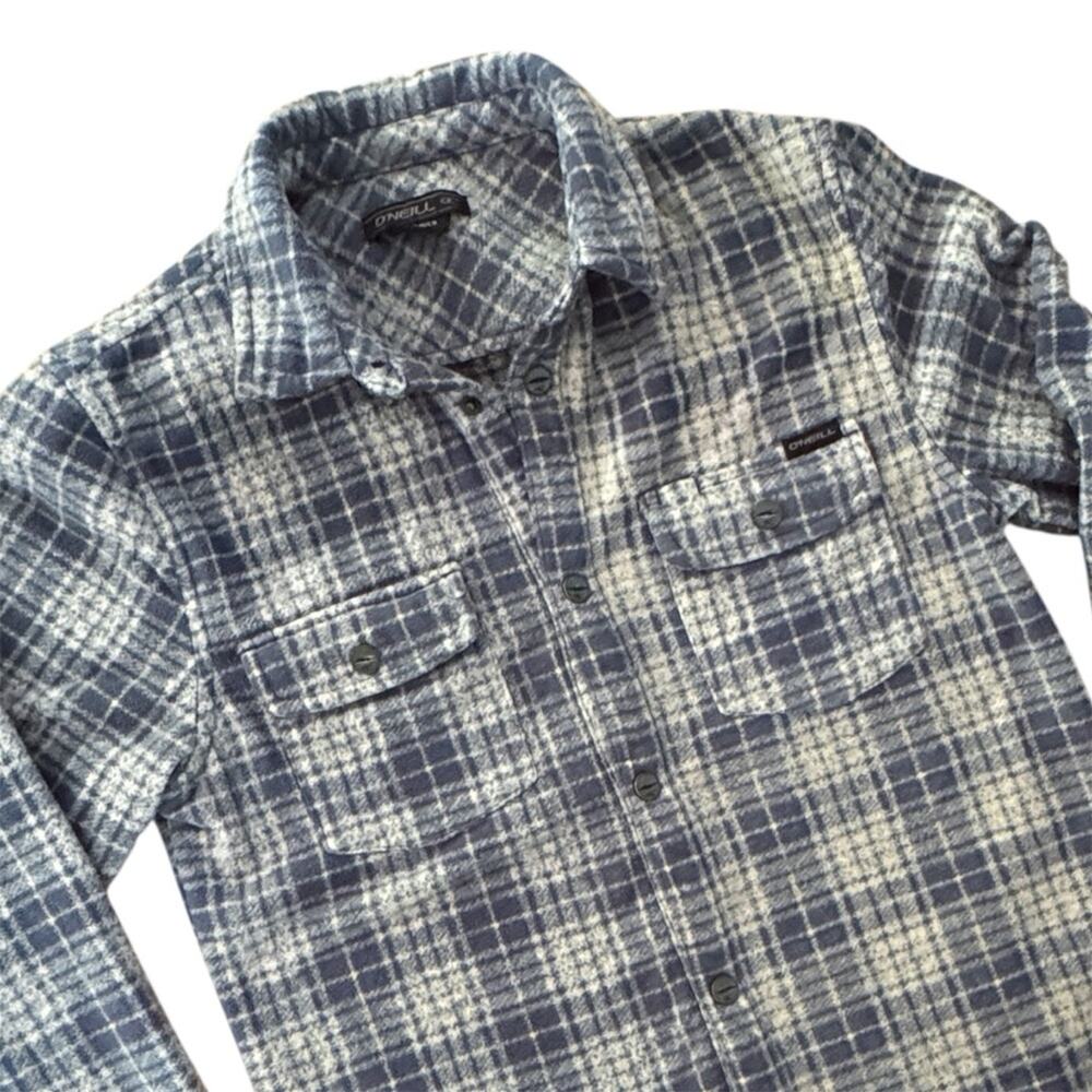 O'Neill Boy’s Glacier Plaid Superfleece High Pile Shirt Navy Cream Soft Small 8